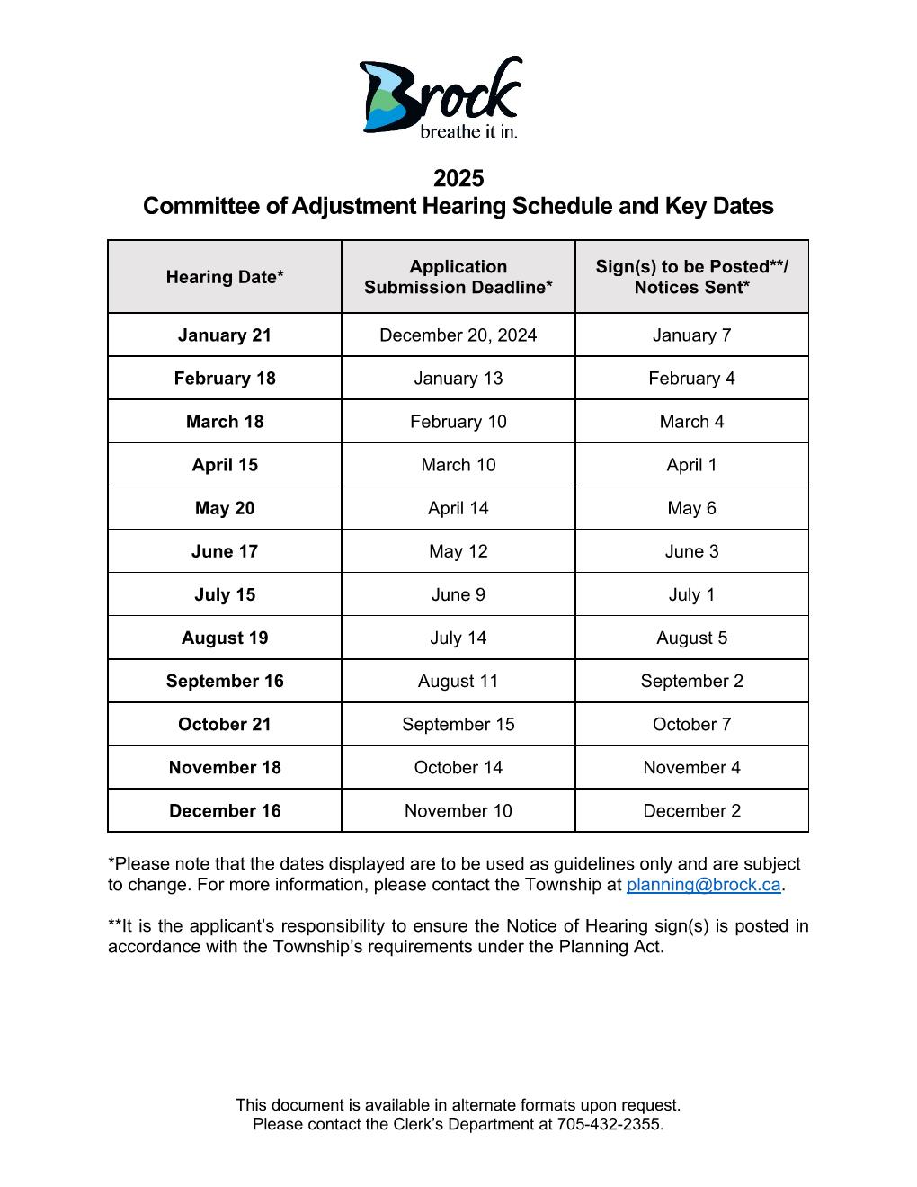 2025 Committee of Adjustment Minor variance Hearings Schedule with Application, Signage, and Appeal Deadlines