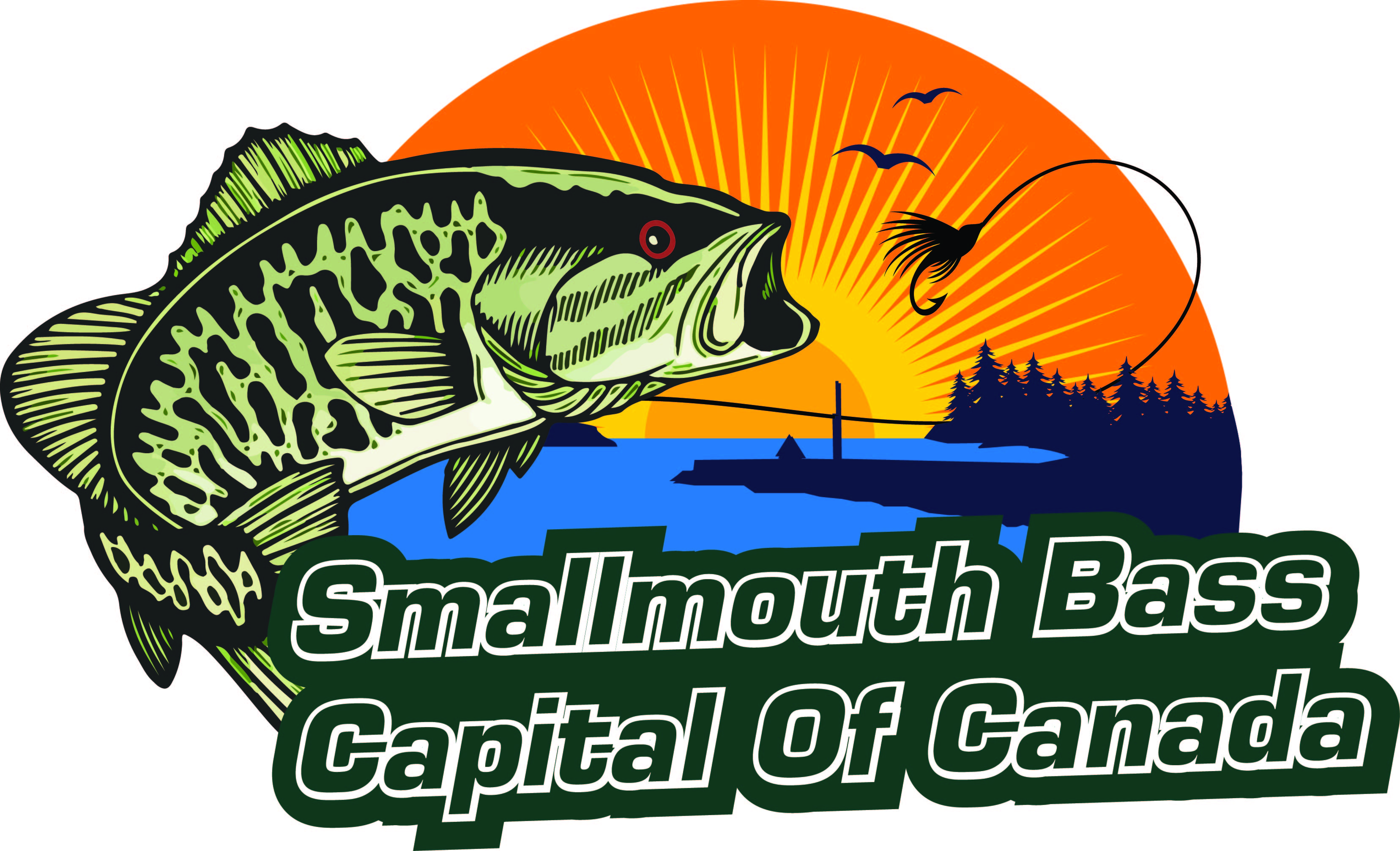 smallmouth bass fishing capital of canada logo, bass fish trying to catch a lure
