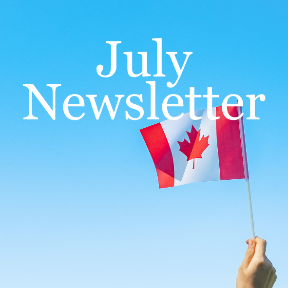 blue sky with a canadian flag txt reads july newsletter