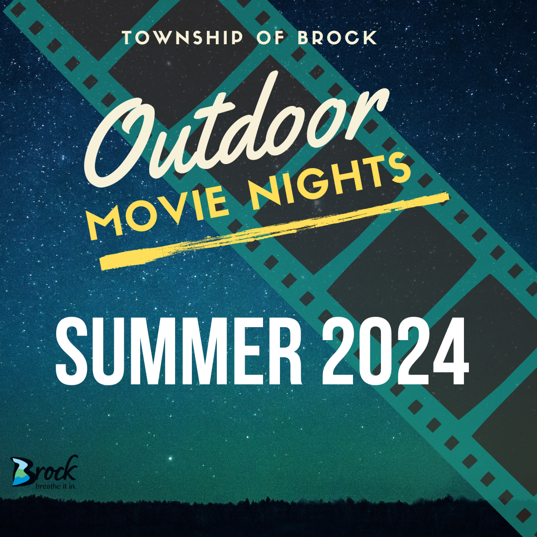 Starry night sky with the txt reading outdoor movie night 2024