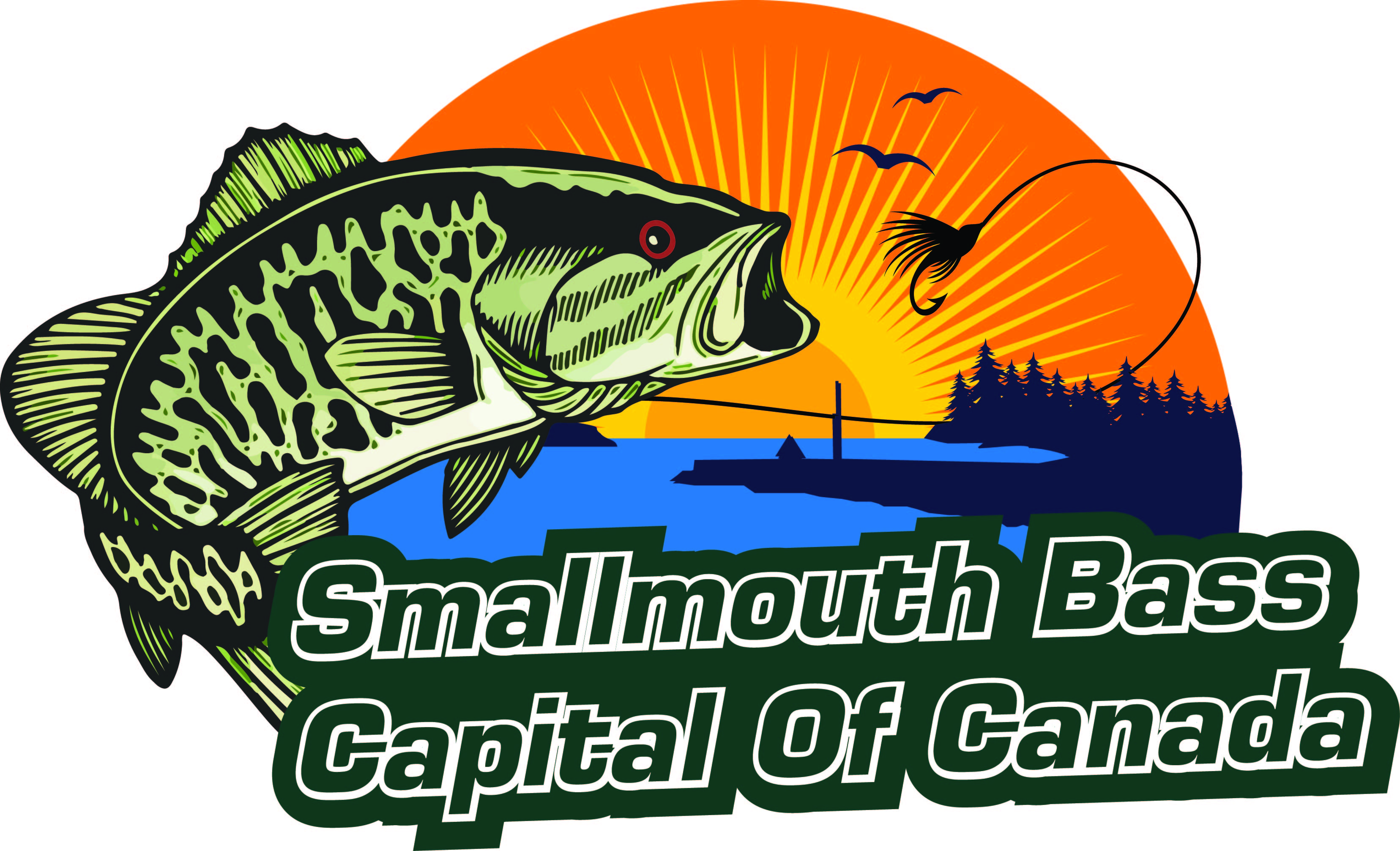 Smallmouth Bass Fishing capital of canada logo Gish on a line with the sunset in the bacground txt reads smallmouth bass fishing capital of canada